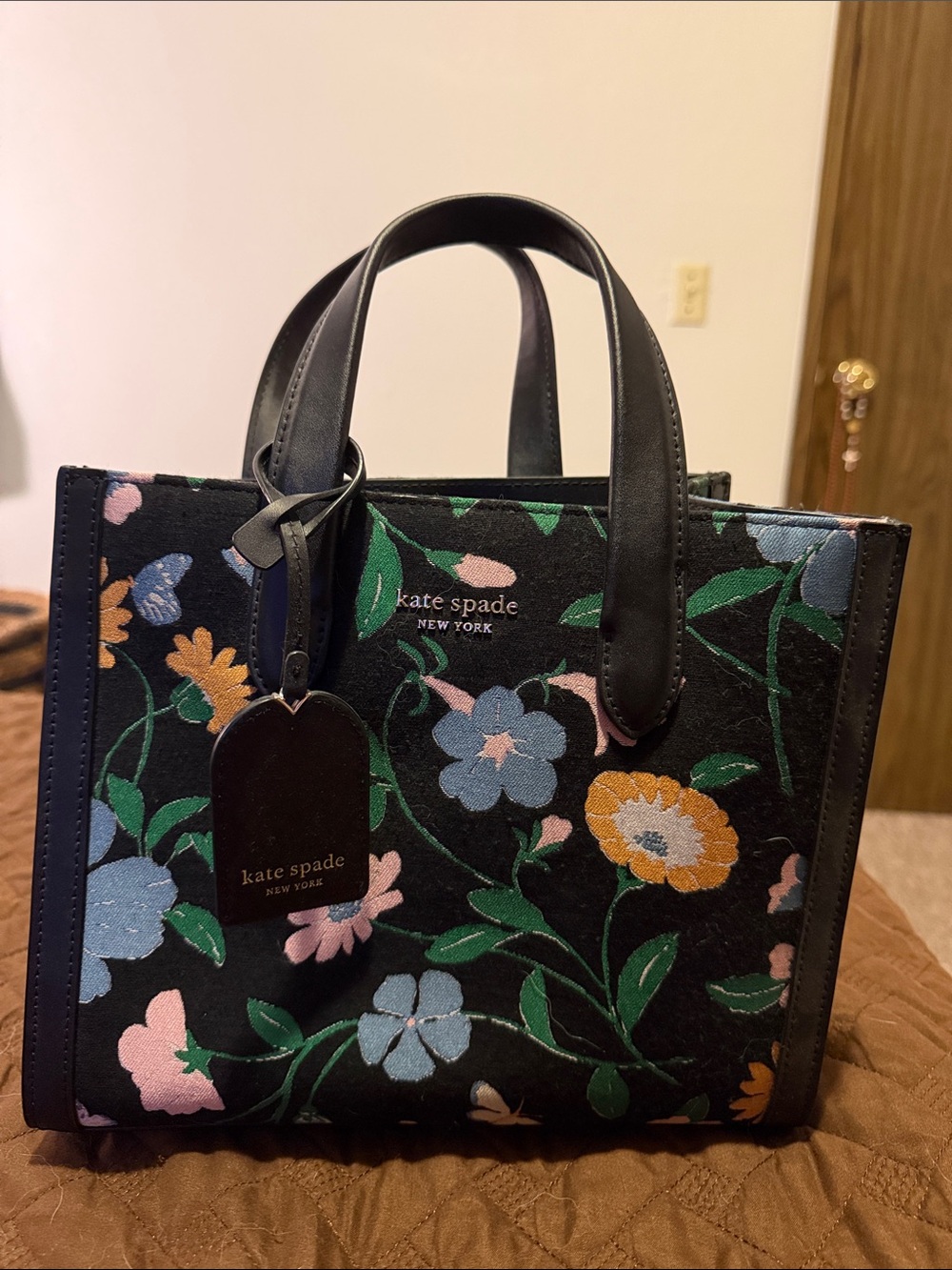 kate spade Black Floral mini tote with Multicolor Blooms